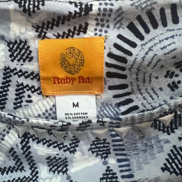 Ruby Rd Women Medium Blue Gray White Geometric Abstract‎ 3/4 Sleeve BOHO Blouse - Picture 3 of 6